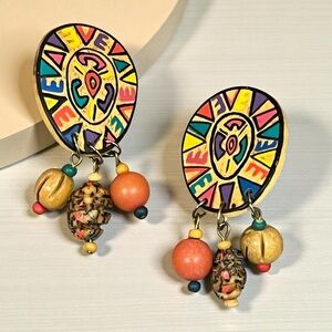 Vintage 80’s Clip Earrings Colorful Wood Dangle beads Mod Geo Southwestern